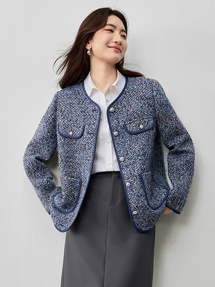 

SENTUBILA Women's Tweed Commuter Jacket 2025 Winter Color Block Round Neck Metal Buckle Loose Fit Cotton Padded Coat 154W80329