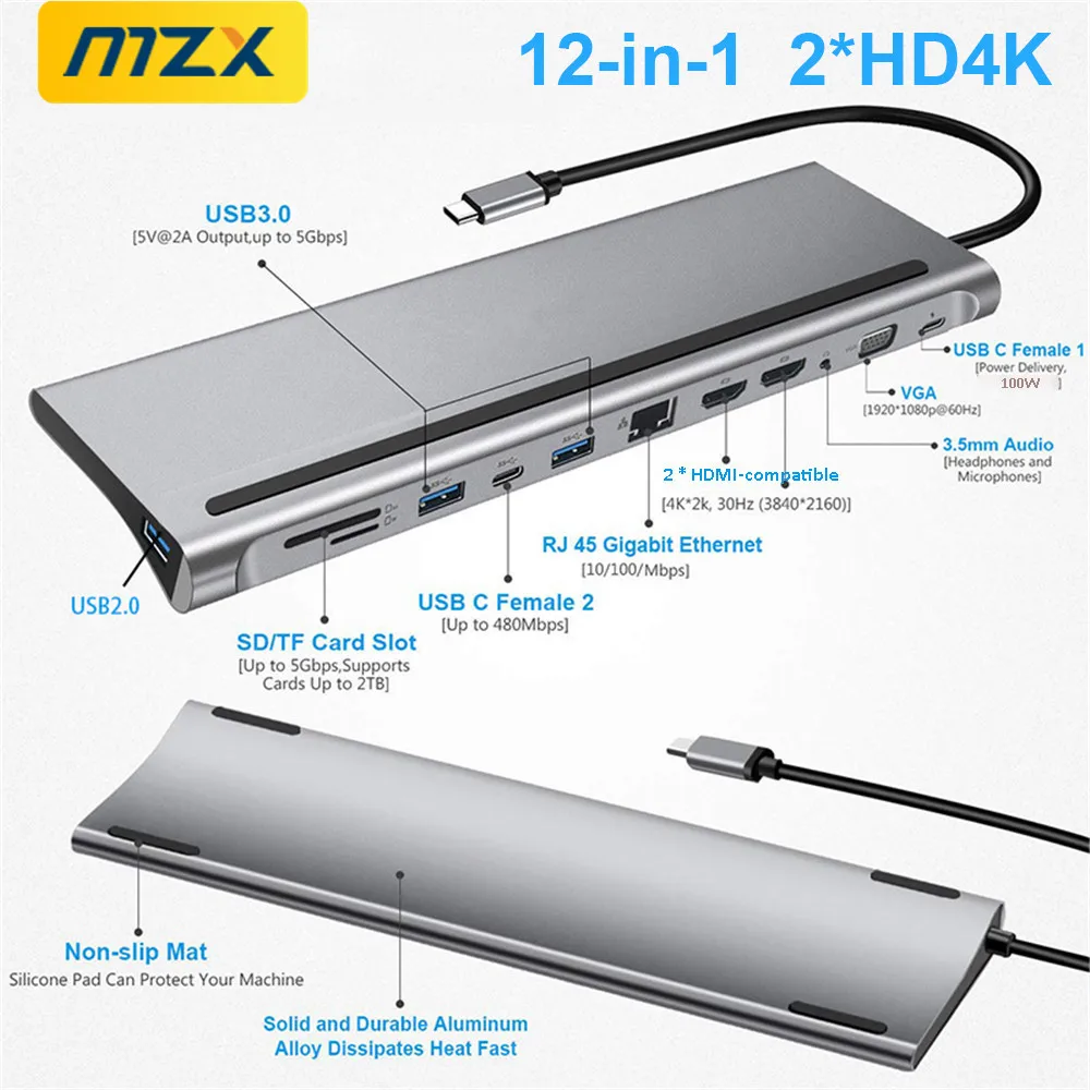 MZX 12-in-1 MST USB C Docking Station Hub Multi 3.0 CType A HDMI-Compatible DP Concentrator Extension RJ45 Adapter Dock Laptop