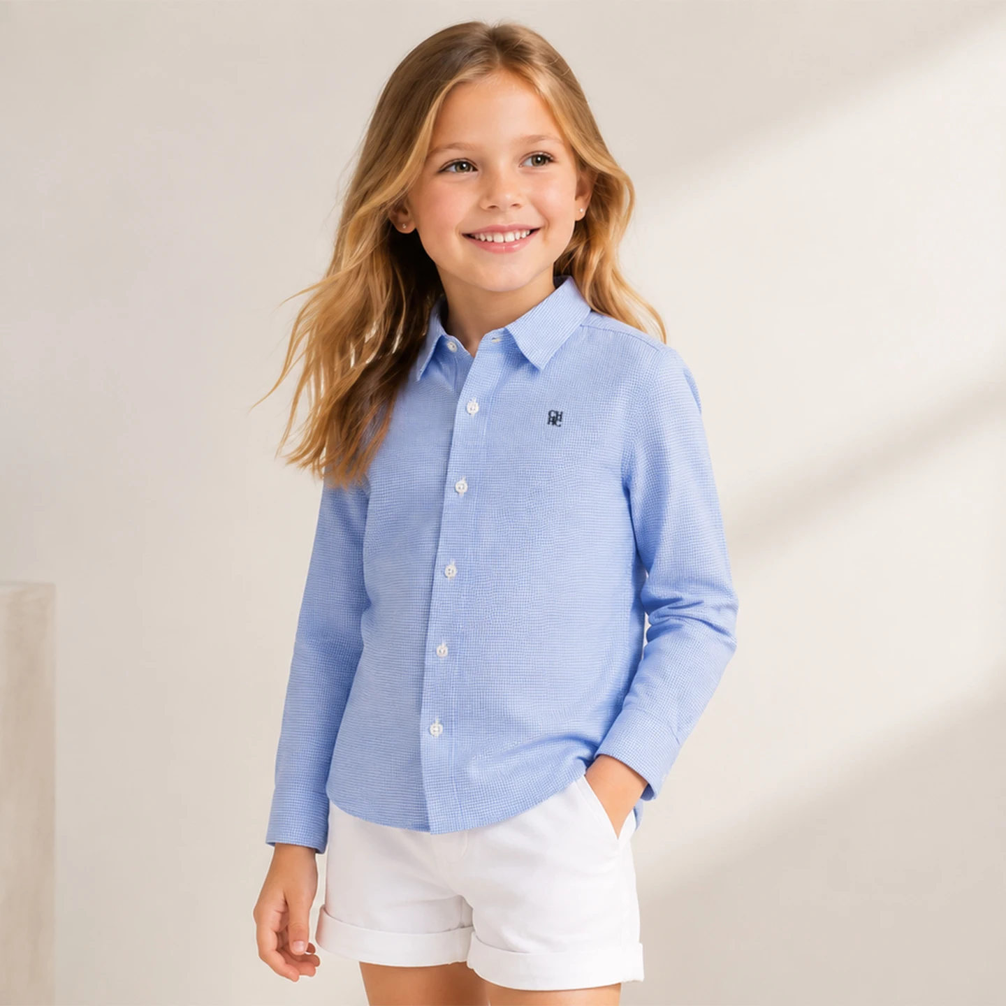 CH Besticktes Langarm-Shirt für Mädchen mit Spitzkragen, Reguläre Passform, Sportlich-Aktiv, Weiche Baumwolle, Lässiges Alltags-Oberteil – Detail 5