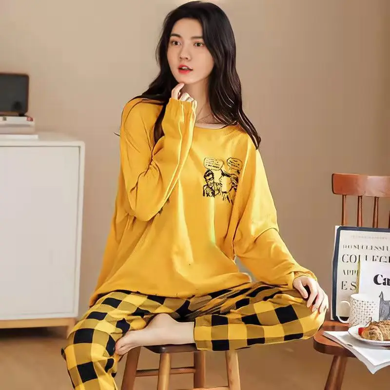 Womens Fashion Pajamas Set Top and Pants Long Sleeve Shirt Homewear for Women Autumn Sleepwear Cute Pijama Comfort Silk Casual