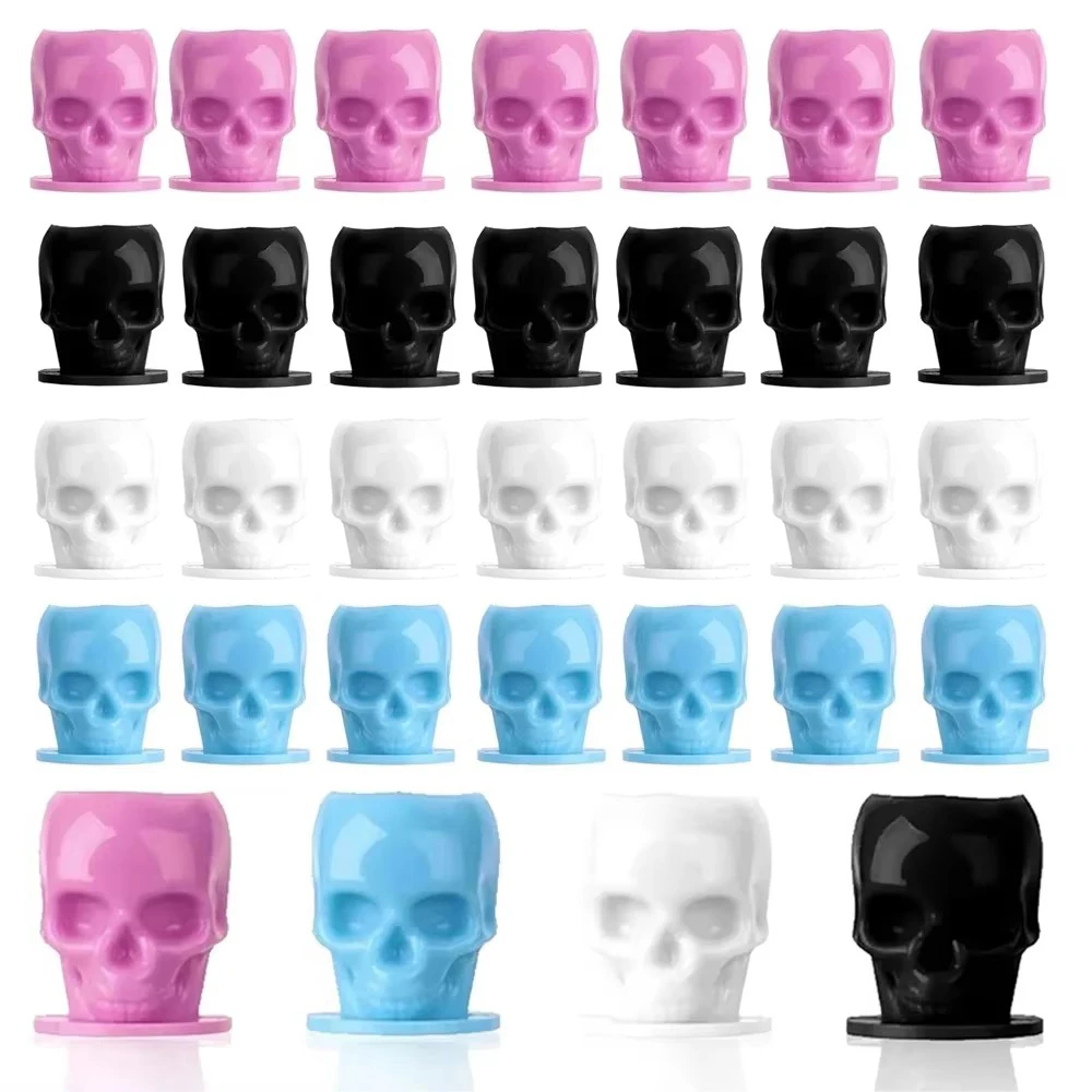 50PCS Skull Tattoo Ink Cups Caps with Base Disposable Plastic Permanent Makeup Pigment Holder Container for Tattoo Accessories