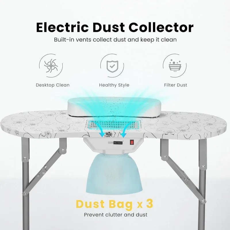 Portable Manicure Nail Table on Wheels with Built-in Dust Collector, Updated USB-Plug LED Table Lamp, Carry Bag for Home