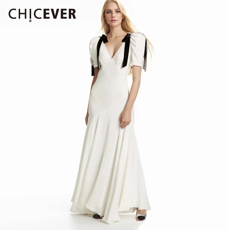 

CHICEVER Spliced Lace Up Casual Dress For Women V Neck Puff Sleeve High Waist Hit Color Pacthworl Folds Designer Dresses Female