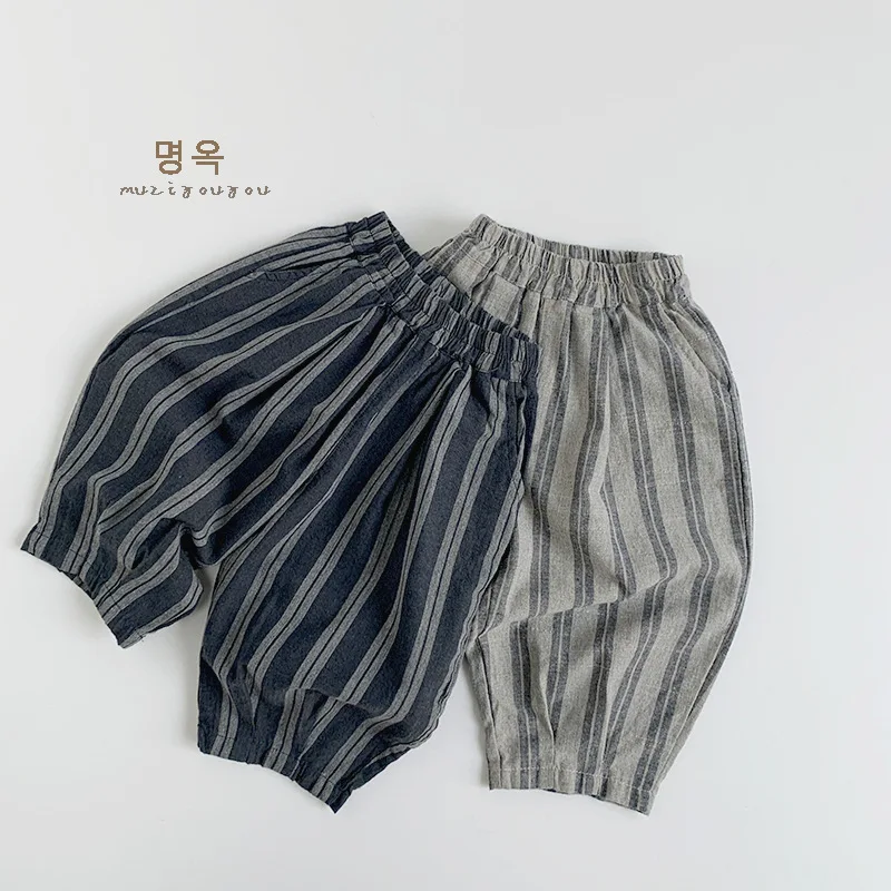 Children's Vintage Striped Cotton Linen Pant Spring Autumn Boys Girls Casual Loose Harem Pants Toddler Trouser Long Pant for 2-8