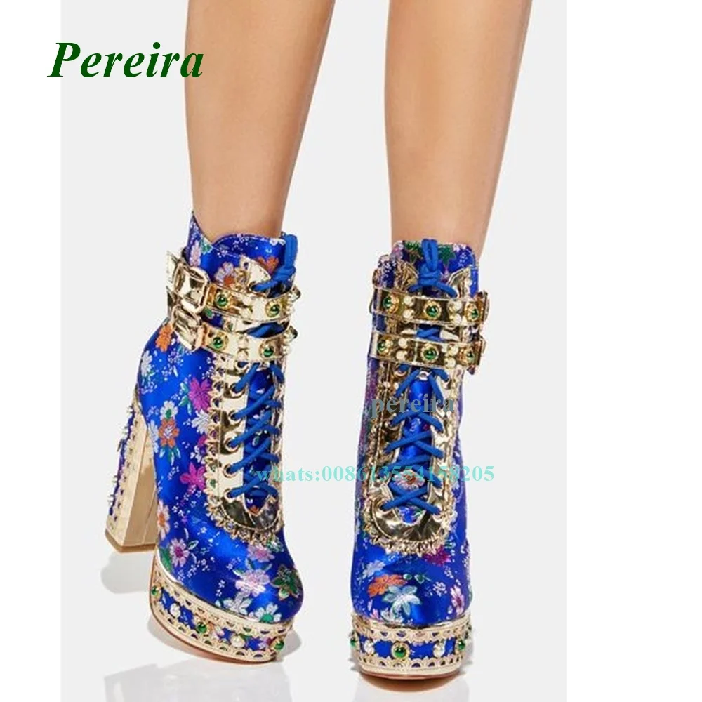 Blue Retro Pattern Women\'s Shoes 2022 New Round Toe Platform Metal Boots Chunky Heel Buckle Strap High Heels Side Zipper Sexy