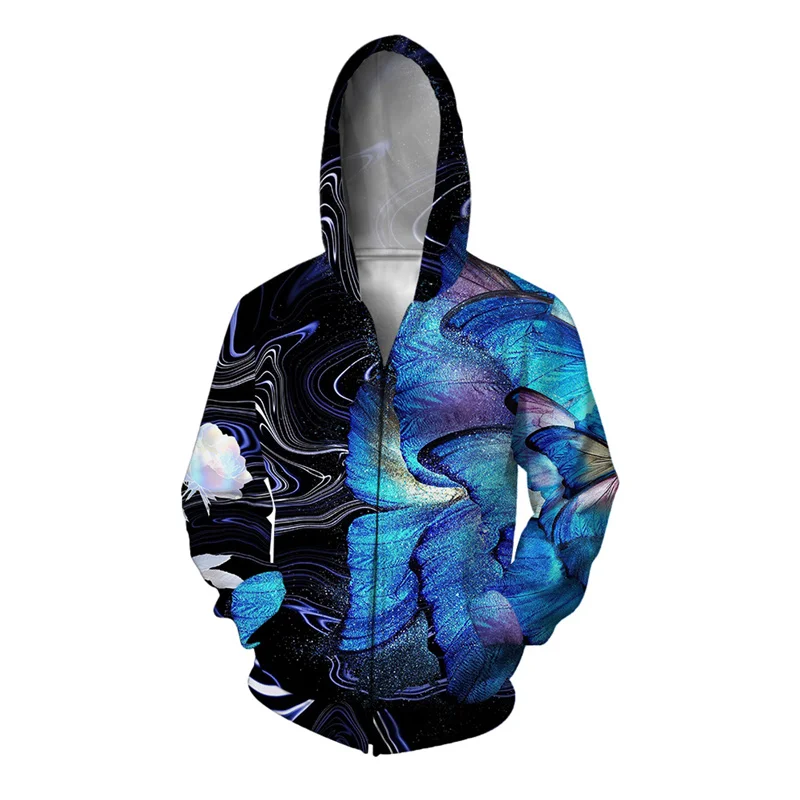 3D Printed Butterfly Angel Hoodie For Men Flower Leaf Books Graphic Sweatshirts Fashion Comfortable Hooded Loose Zipper Pullover