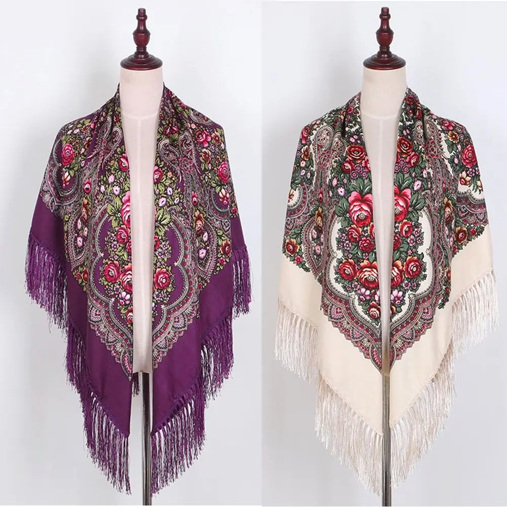 130cm Cotton Square Scarf with Floral Print and Fringe 7 130cm Cotton Square Scarf with Floral Print and Fringe