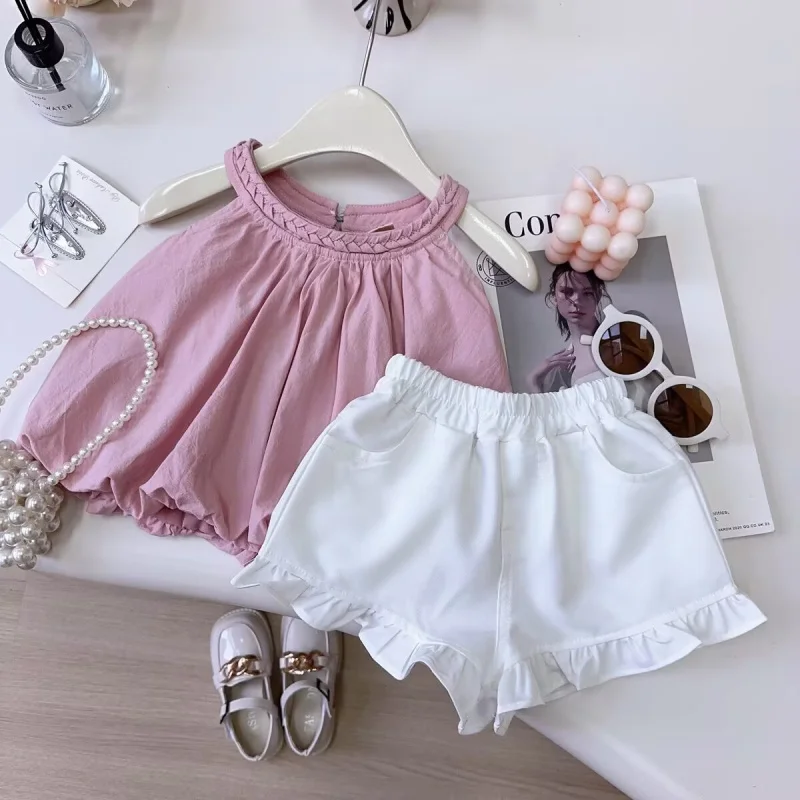 

Girls Princess Suit Summer2025New Halterneck Vest Top Ruffled Shorts Two-Piece Set