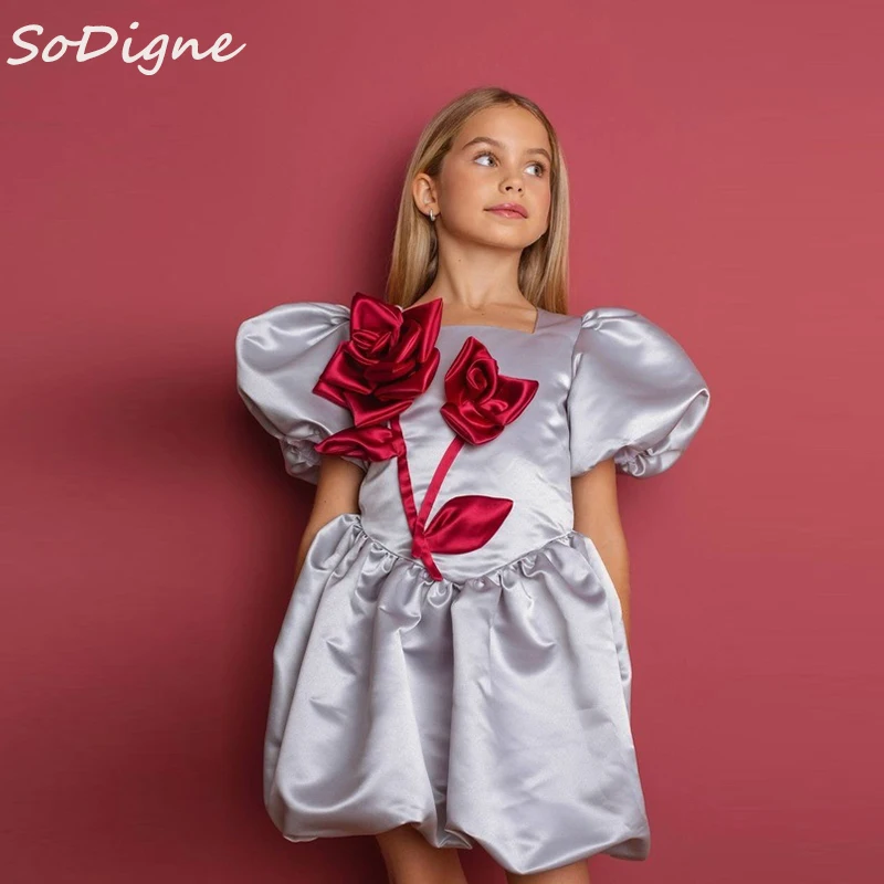 

SoDigne Satin A-line Flower Girl Dress Square Collar Puffy Sleeves Princess Birthday Party Dresses 2025 Short Kid Gown Customize