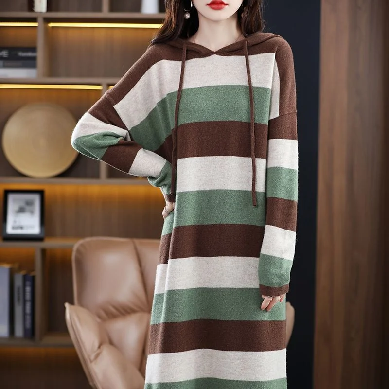 Autumn Winter Women Hooded Dress Stripes Loose Long Section The Knee Sweater Dress Female Western Style Knitted Bottoming Dress