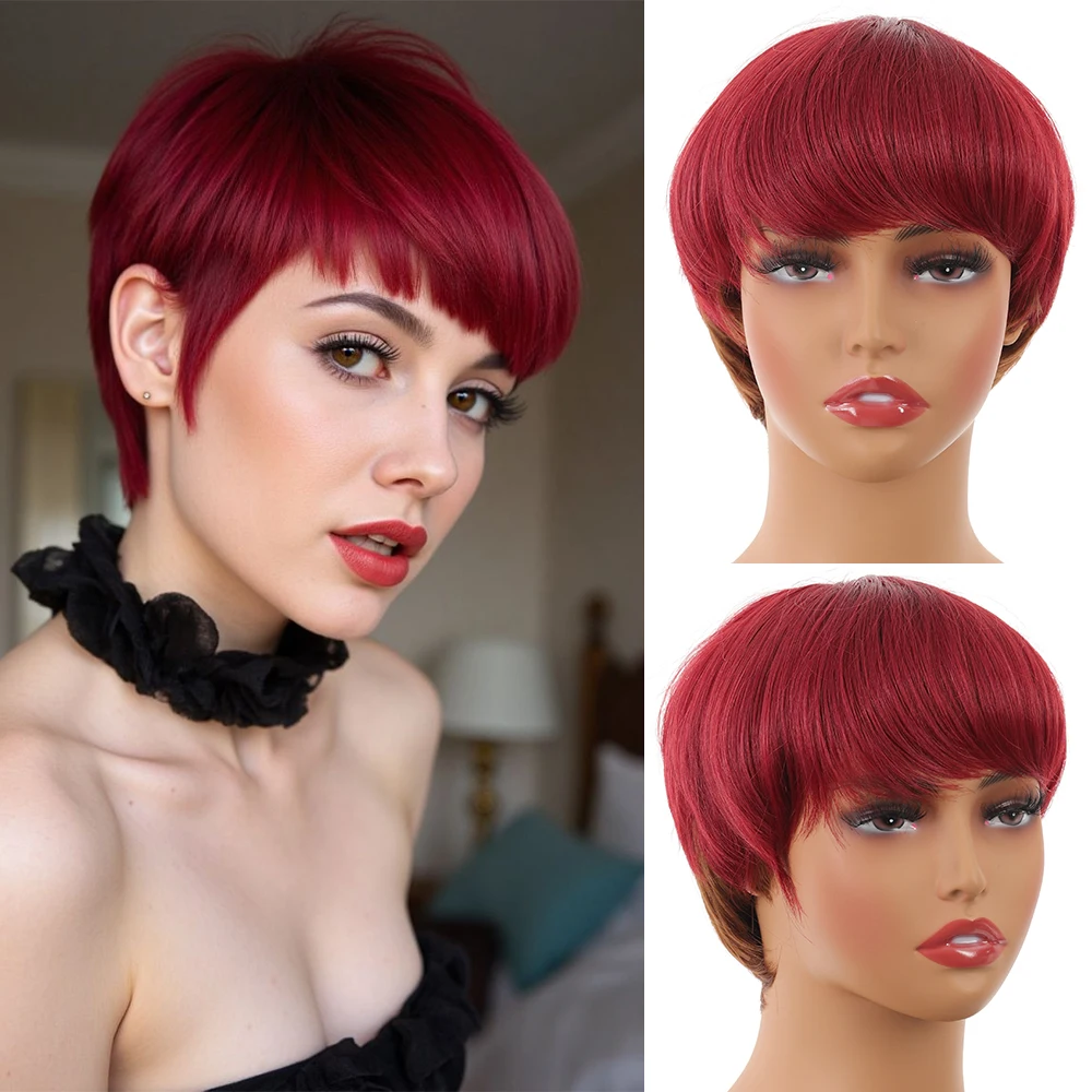 Pixie Cut Wig With Bangs Full Machine Made Short Red Brown Ombre Synthesis Hair Wig for Women Soft Smooth Easy Wear Cosplay Styl