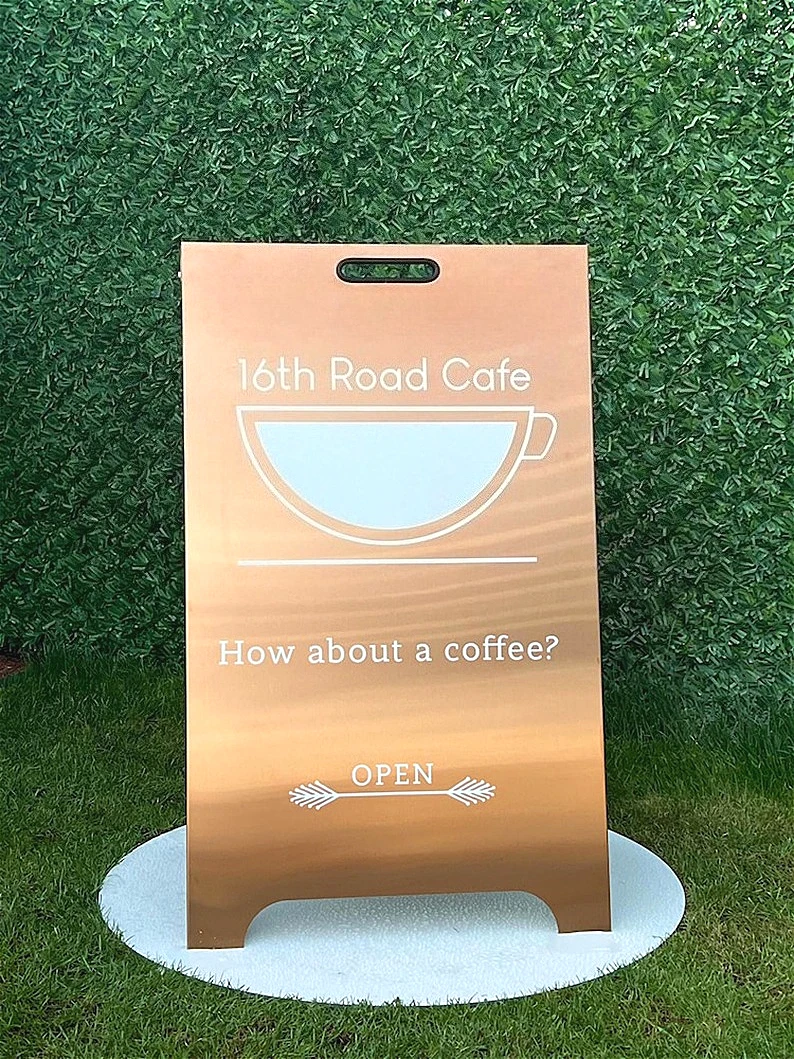 Custom A-Frame Sidewalk Sign–Mirrored Stainless Steel Sandwich Board, Double-Sided Outdoor Display, Ideal for Business Signage