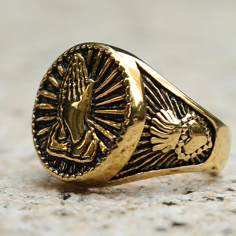 Vintage Gold/Silver Color Christ Prayer Signet Ring Men Women Crown Heart 316L Stainless Steel Biker Ring Fashion Lucky Ring