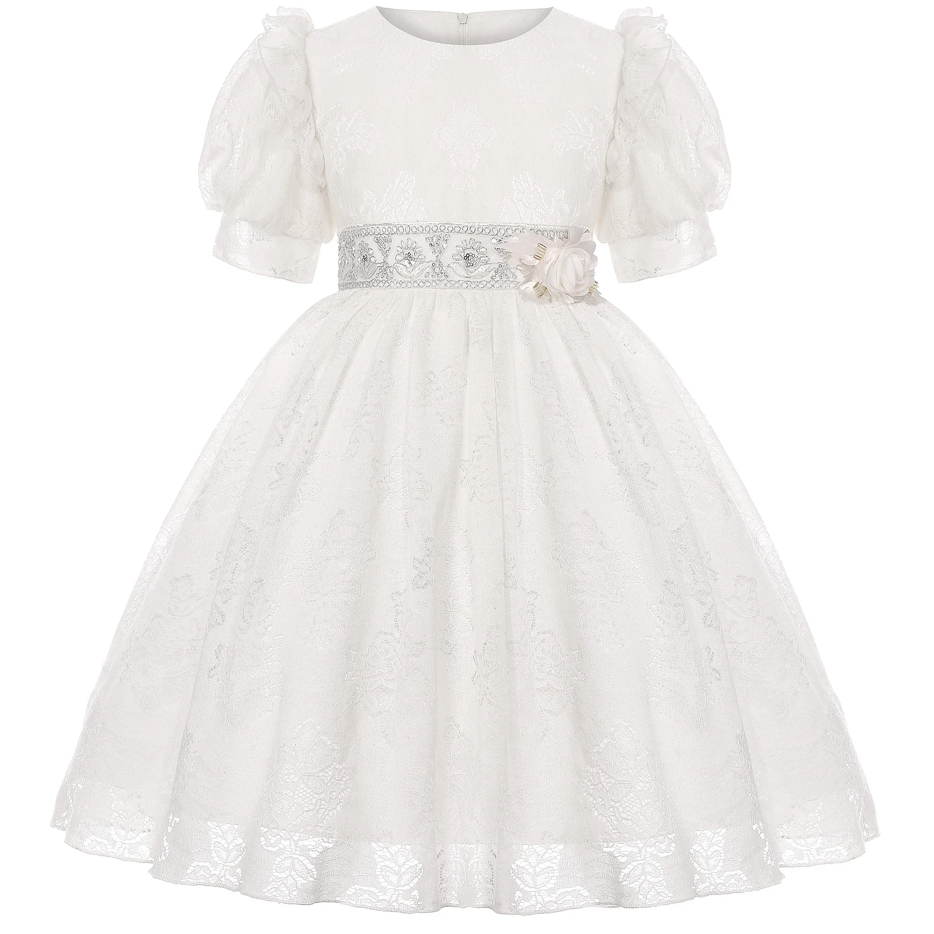 

New White Lace Elegant Dress for Girls Silver Sashes Flower Girl Dresses for Wedding Party 7 to 10 Years