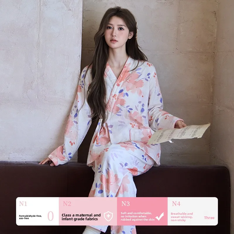 Kimono Style Women‘s Cotton Gauze Nursing Pajama Set, Convertible Maternity & Postpartum Breastfeeding Top, Breathable Lightweig