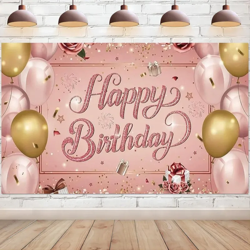 

Happy Birthday Backdrop for Girl Women Sweet Golden Pink Balloon Photography Background Party Decoration Banner Photo Booth Prop