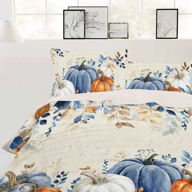 

Fall Blue Pumpkins Duvet Cover Set 3 Pieces, Thanksgiving Orange Gray Botanical Rustic Bedding Sets