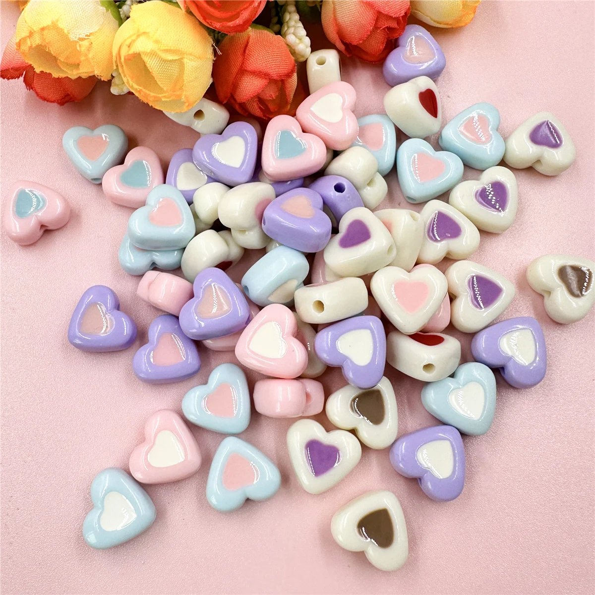 60pcs 14.4*12.9mm Acrylic Two Color Heart Beads For Bracelet Phone Chain Making DIY Jewelry Accessories Beaded Materials