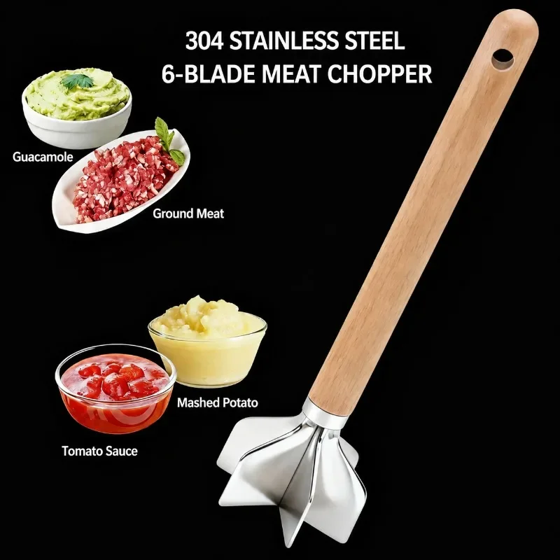 6 Blade Stainless Steel 304 Meat Chopper Manual Potato Masher Kitchen Tool for Shredding Chicken Crushing Boiled Vegetables