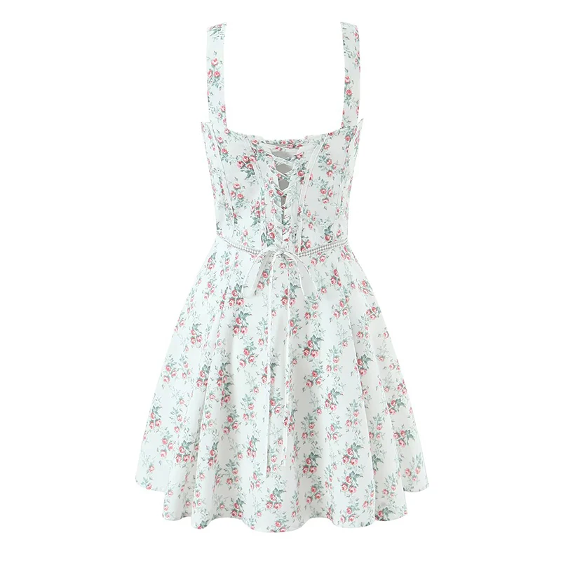 Jastie-vestido Sexy con tirantes finos y estampado de flores para mujer, vestidos cortos con cordones cruzados en la espalda, corte en A, para vacaciones, verano 2025