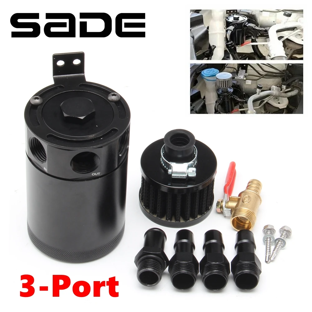 Universal Car 3-Port Oil Catch Can Tank Separator 1 Outlet + 2 Inlet With Breathing Filter And Oil Drain Valve Filter Kit