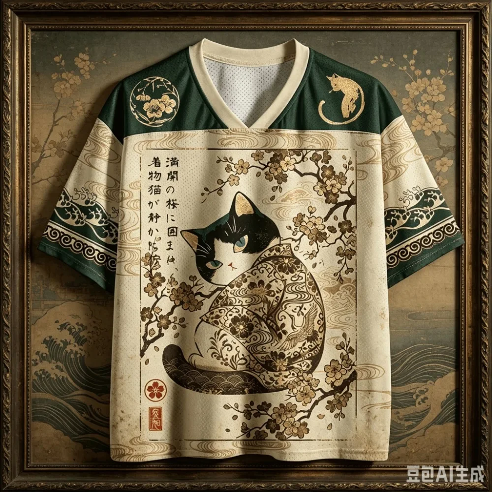 Retro-Kirschblüten-Katzen-3D-Druck für Herren und Damen, V-Ausschnitt, sportliches, atmungsaktives, locker geschnittenes T-Shirt – Hip-Hop, urban, Y2K, Familienbekleidung – Detail 6