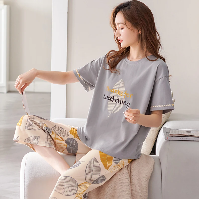 

4XL 100% Cotton Pajamas Women's Summer Short-sleeved Home Service Women's Simple Loose Casual Suit