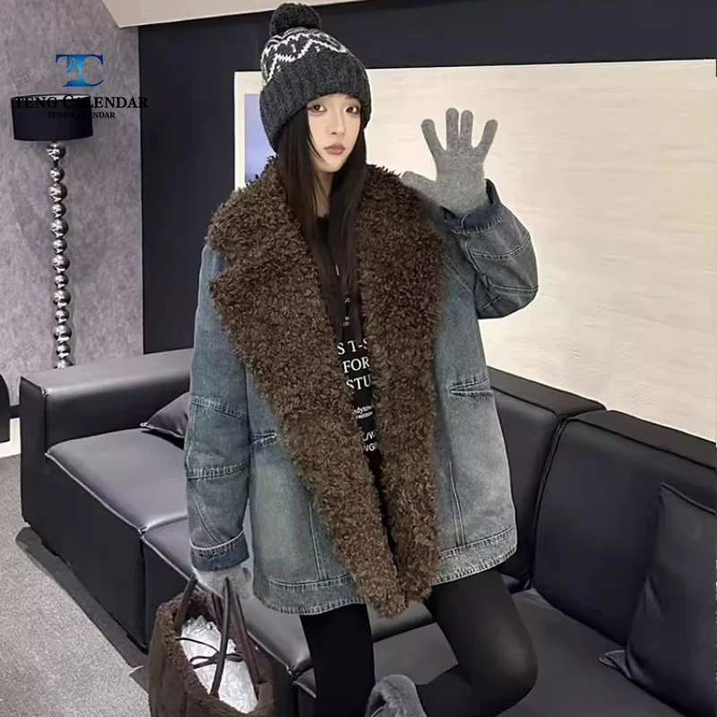 Cowboy Jacket, Fat MM Plus Fat Furry Collar Long Sleeved Oversized Stylish Versatile Top, Women's Winter New Style 2025