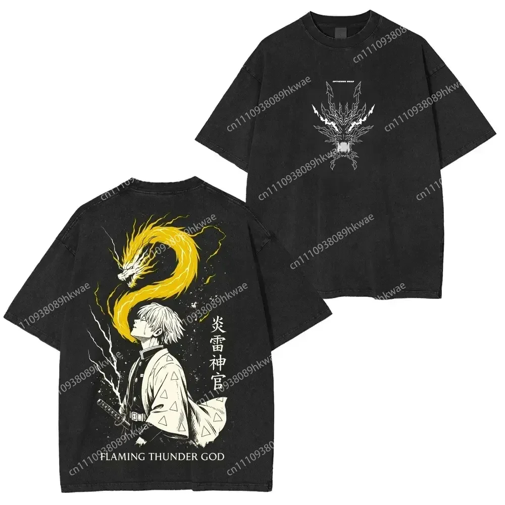 Demon Slayer Zenitsu Agatsuma Flaming Thunder God Golden Dragon Acid Wash Oversized Black T-Shirt 2026 Summer Streetwear Tee