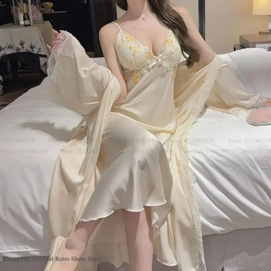

Elegant Ice Silk Long Nighty&Robe Set Patchwork Lace Female Sexy Lingerie Nightgown Home Dress Kimono Gown Bathrobe Sleepwear