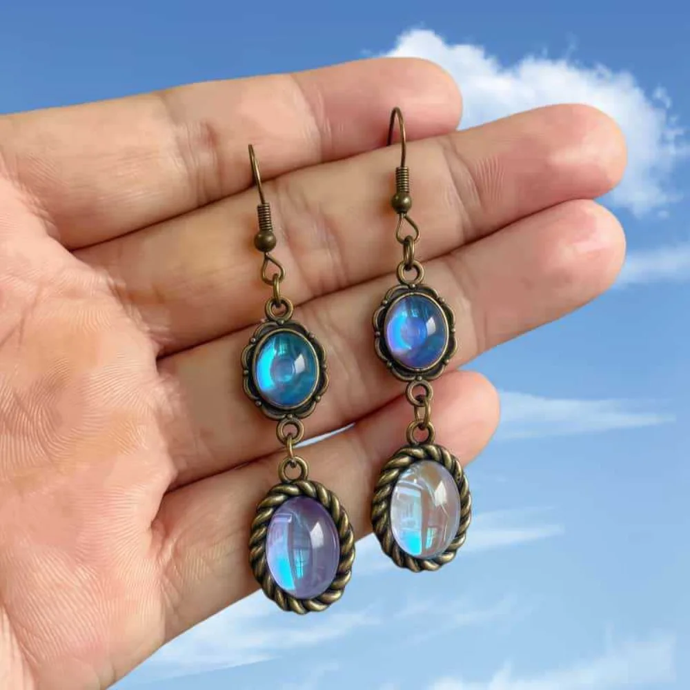 Retro Bohemian Bronze-colored Oval Lace Blue Glass Crystal Dangle Earrings for Women Halloween Temperament Earrings Jewelry Gift