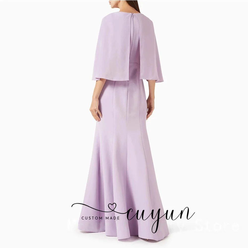 CUYUN personnalisé élégant col rond robe de soirée femmes longueur de plancher robe de bal manches cape robe de soirée formelle lilas robe saoudienne