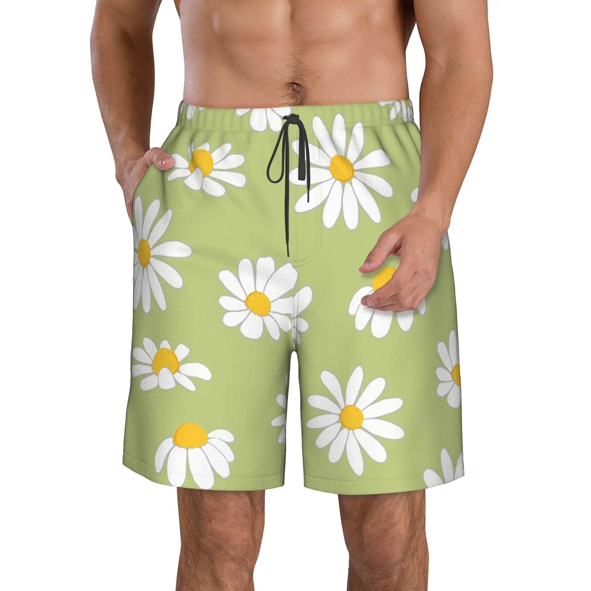 Macaron Colour Green Daisy Pattern Trunks Beach Board Shorts Casual Quick Dry Swim Summer Men Pants
