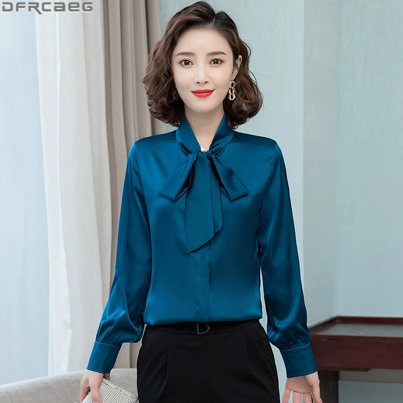 Elegant Office Lady Blouses Women 2022 Fashion Korean Lace Up Bow Satin Shirt Solid Long Sleeve Tops Femme Blue Red Black Pink