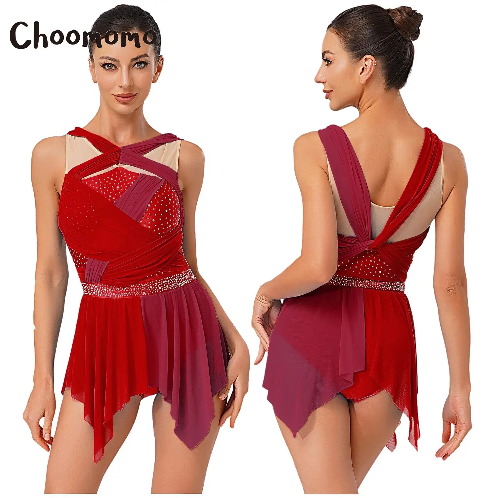 

Womens Rhinestone Lyrical Dance Dress Color Block Mesh Ruched Twisted Knot Irregular Hem Sleeveless Leotard Dress Dancewear