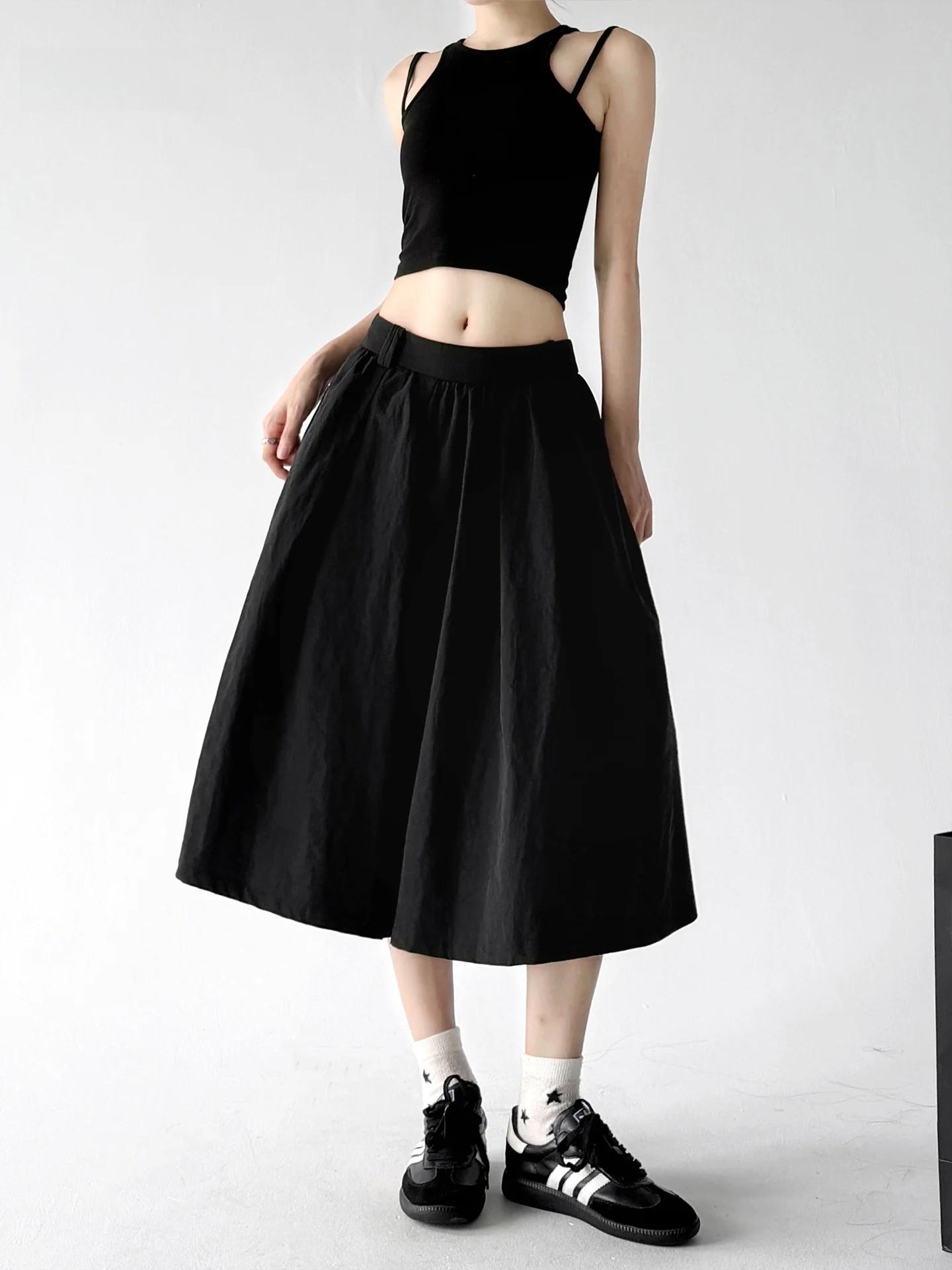 Black High Waist A-Line Midi Skirt Women's Simple Style Summer New Slimming College Fashion Flower Bud Skirt