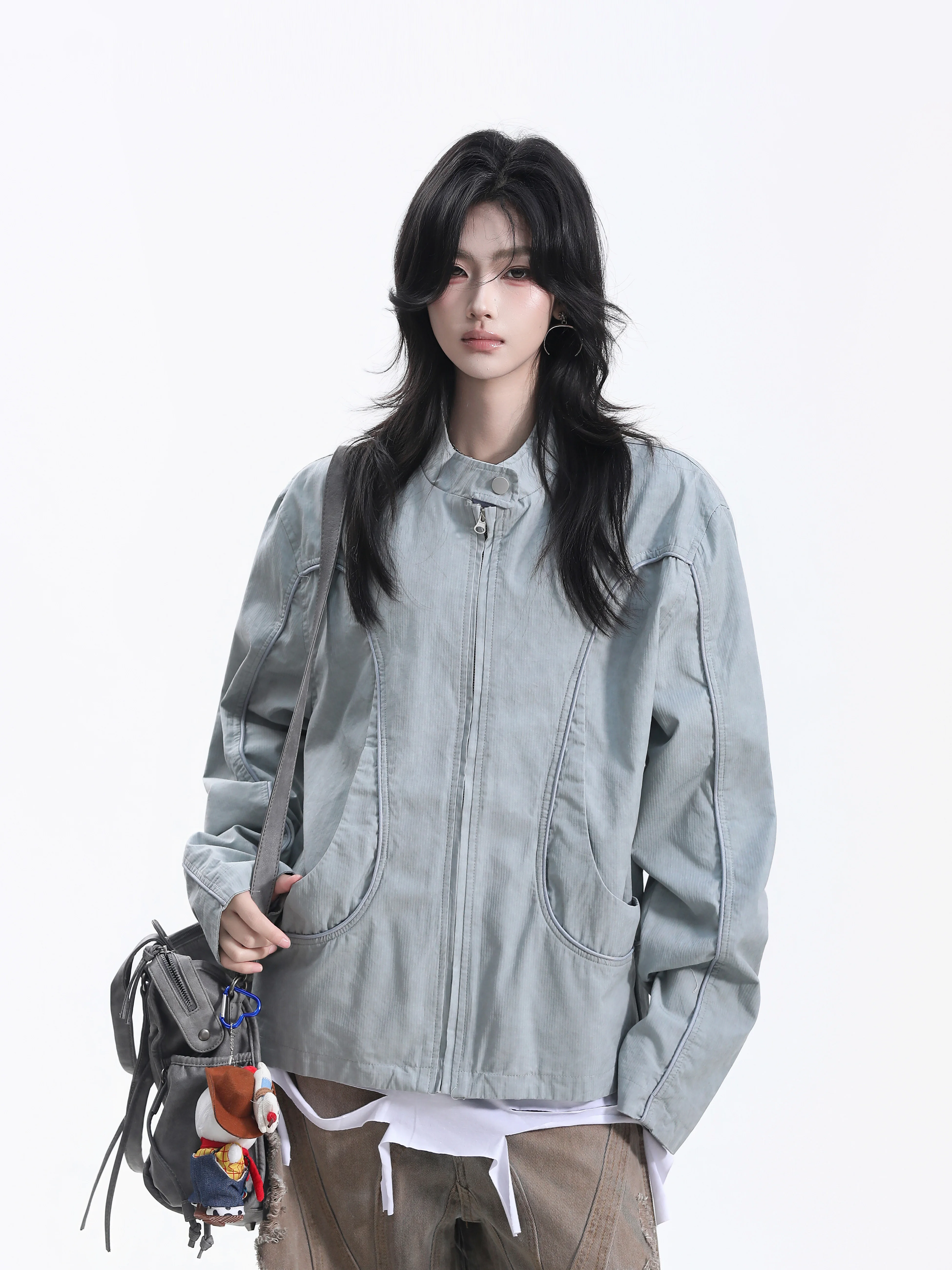 American Style Washed Motorcycle Workwear Jacket Women Loose Shoulder Drop Shoulder Stand Collar Silhouette Versatile Couple ...