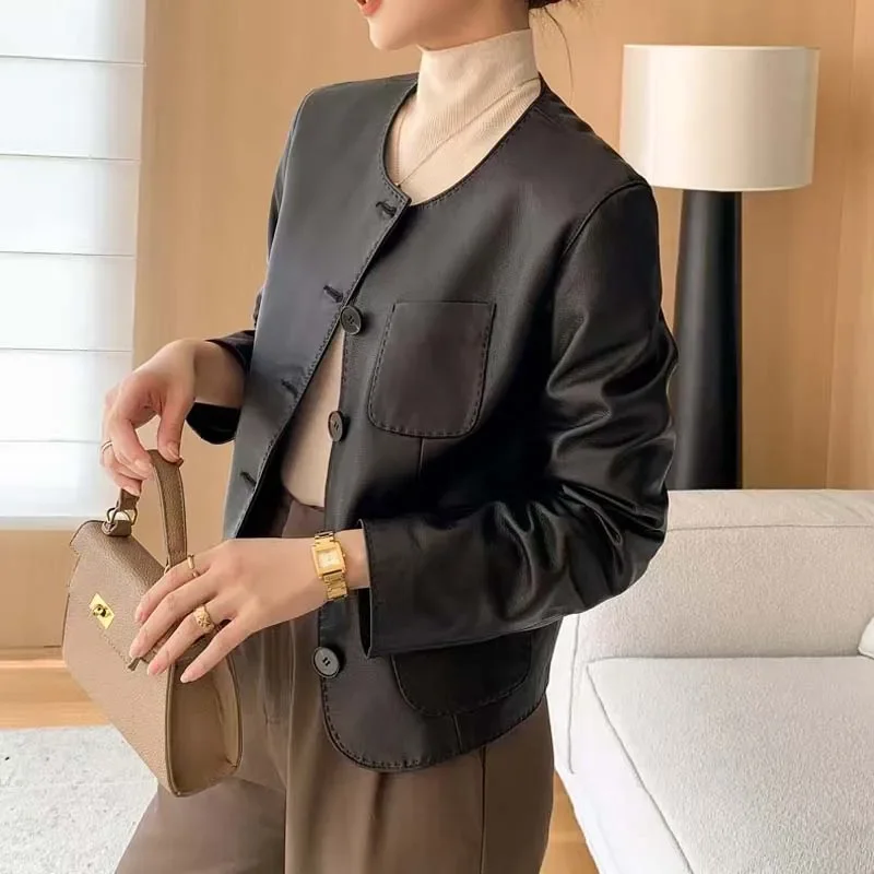 Abrigo de primavera de alta calidad para mujer, longitud corta, cuello redondo, un solo pecho, moda de lujo con bolsillos grandes