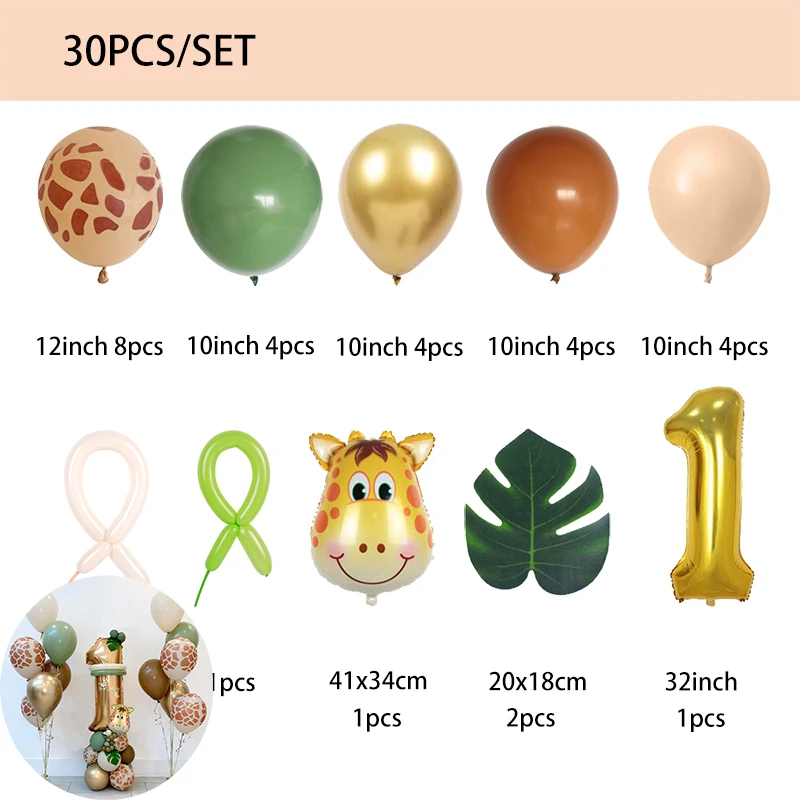 30pcs Girraffe Number Balloons Set Jungle Safari Animal Balloon Kit Kids 1 2 3 Year Birthday Party Decor Avocado Green Balloon