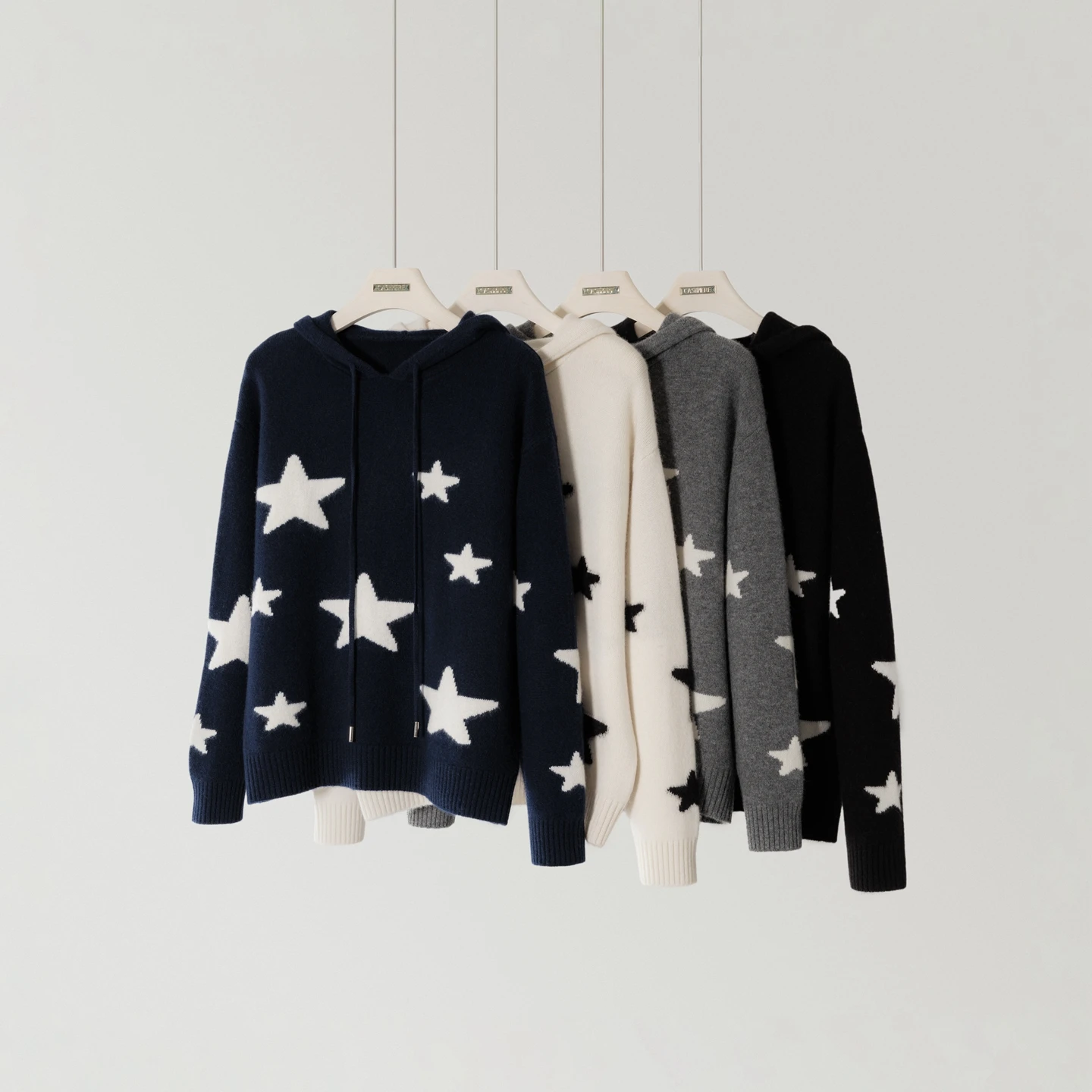 

Autumn Winter Women's 100% Cashmere Hoodie Sweater Star Pattern Knitted Retro Cashmere Casual Soft Warm Knitted Clothing Tops