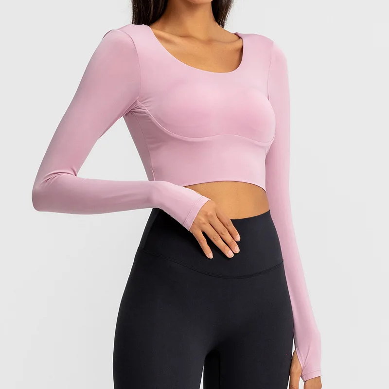 Frauen schnell trocknendes Yoga-Shirt gepolstertes Sport hemd mit Langarm-Top-Gym Mujer Workout