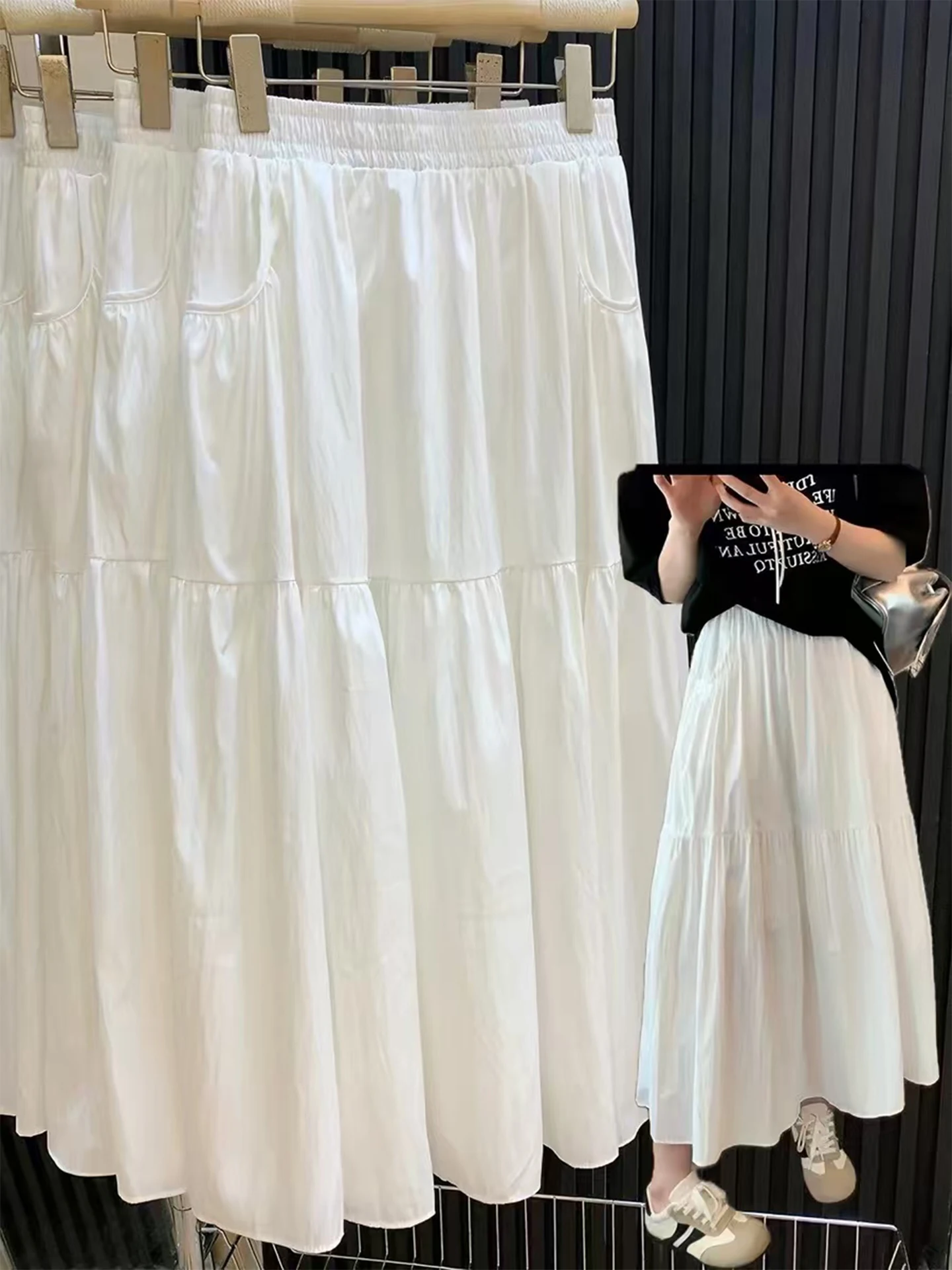 plus Size White Skirt Women's A-Line  Summer High Waist Elastic Loose Fit Non-Deformable Pure Color for Heavy Girls