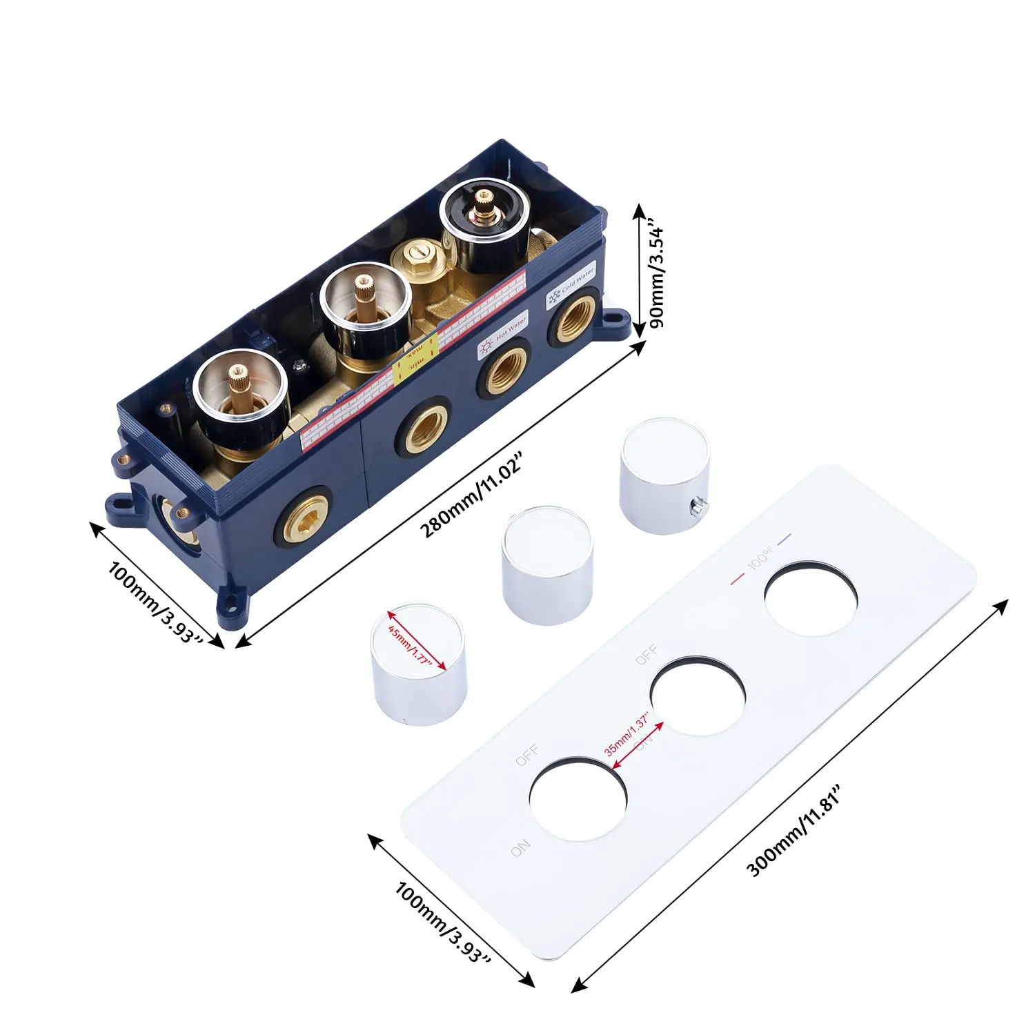 2 Way Shower Diverter Thermostatic Valve, 3 Handle Multi Function Shower Valve Brass Construction With Tempered Glass Panel
