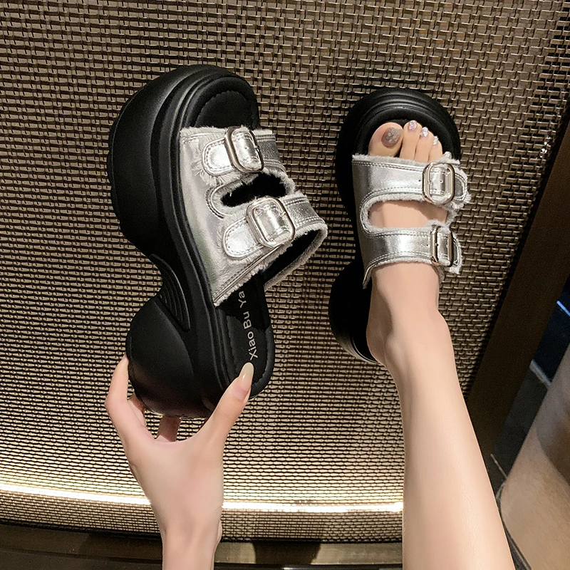 Women Frayed Double Buckles Open Toe Chunky Curved Platform Slides Mules Height Increasing Casual Summer Sandals Slippers Shoes