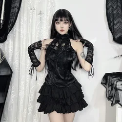 Summer 2024 New Arrival, Street Style Versatile Gothic Pleated Rose Strap Web Collar Bow Top for Women