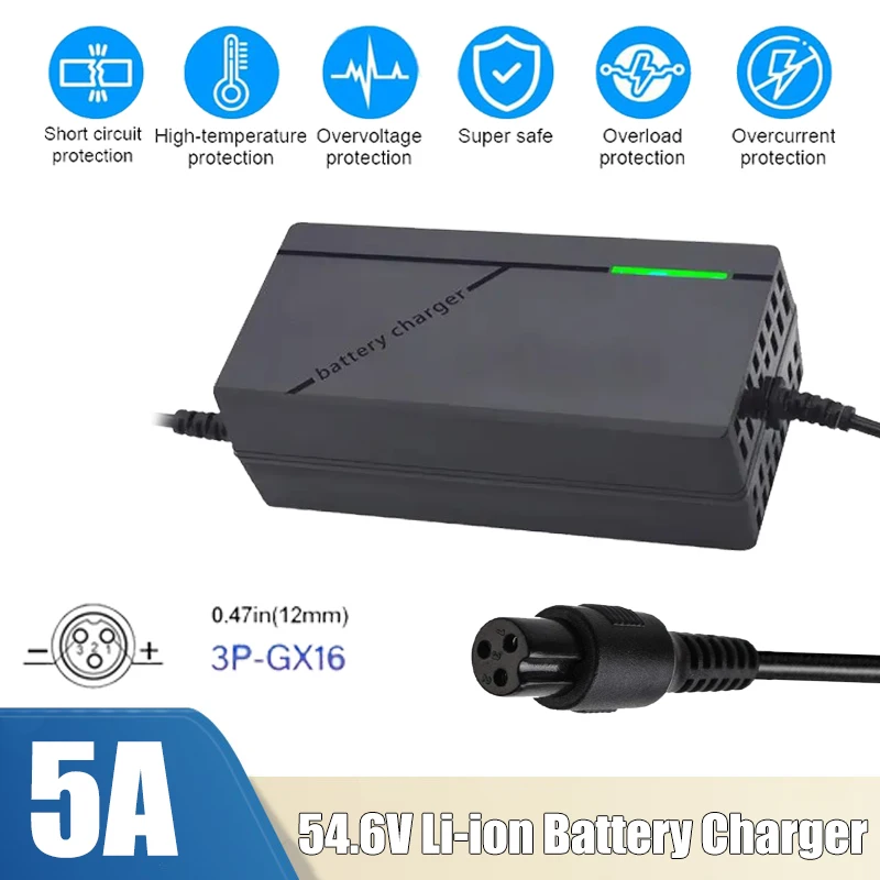 54.6V 5A Charger with 12mm 3-Pin Aviation Connector for 48V ZERO VSETT Lithium Battery Electric Bike Scooter Mobility Vehicle