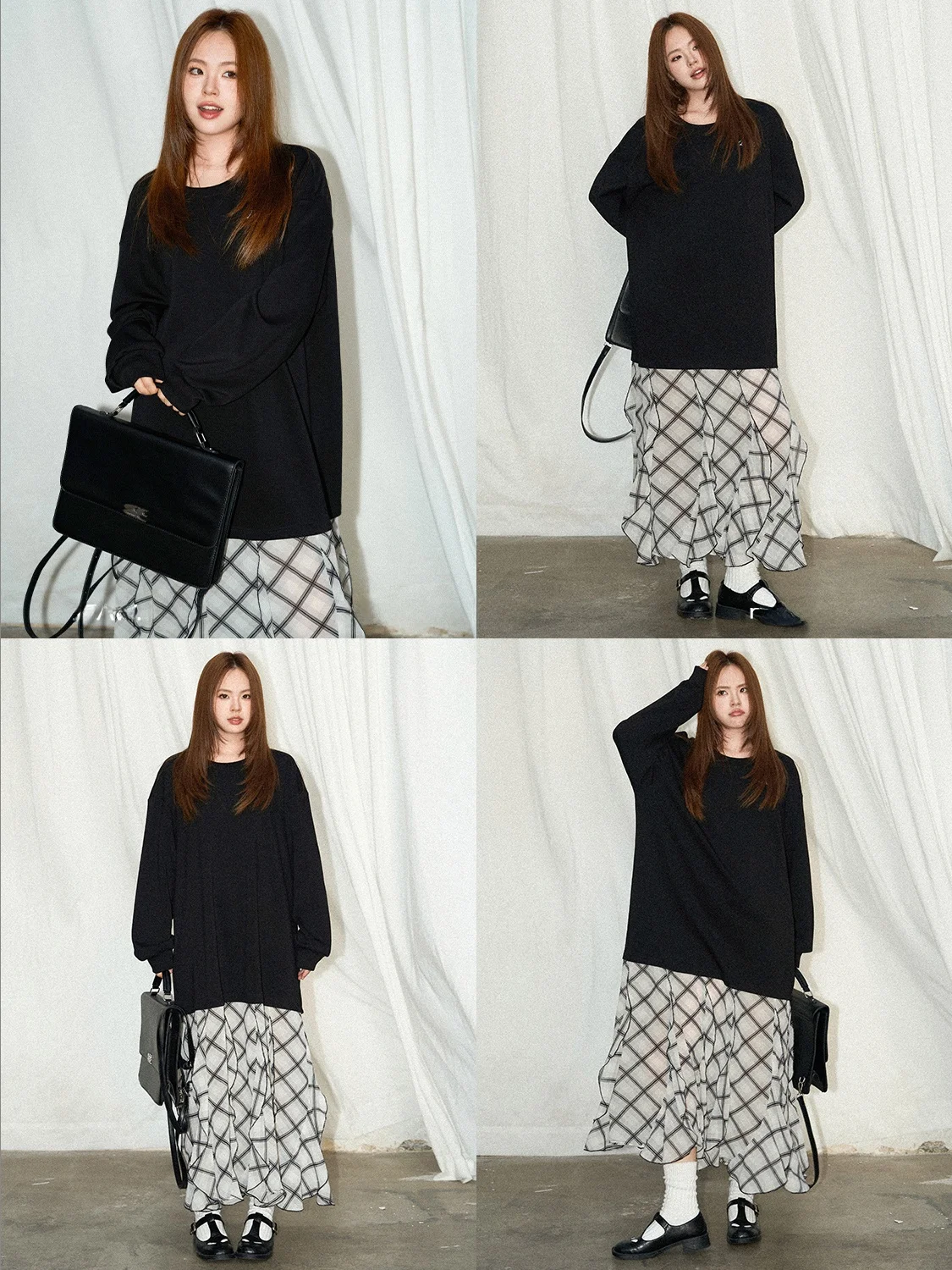 JINGU een Label Lazy Girl Skirt Embroidered Paneling Fake Two-Piece Dr Casual Sle round Ne Long Sve Midi Dr