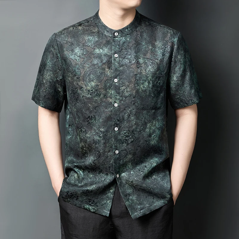 

HT0506 National Style Silk Shirts For Men Short Sleeved Pocket Summer Quality Gambiered Canton Gauze Luxurious Camisas De Hombre