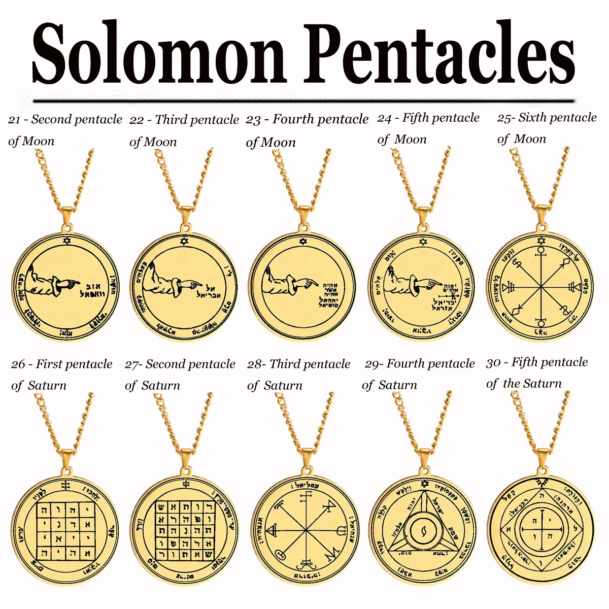 HLSS031-040 King Solomon Seal Moon Saturn Talisman Amulet Jewelry Pentacle Coin Medallion Stainless Steel Pendant Necklace