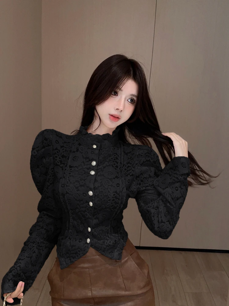 2024 Blusas Mujer De Moda Blouses for Women Puff Sleeve Single Breasted Lace Shirts Sweet Slim Blouse Vintage Crop Tops Female